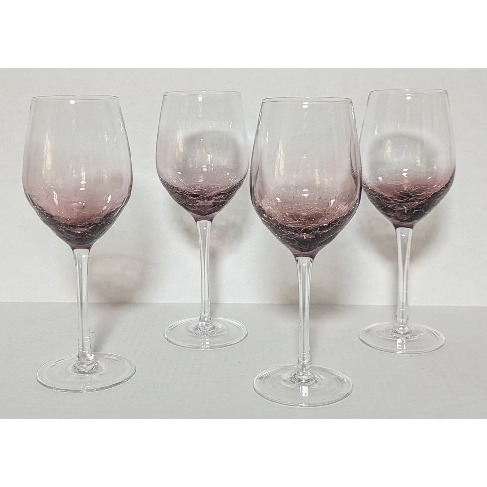 Discontinued Pier 1 Hand Blown Amethyst Crackle Glass Balloon Style Goblets (4)